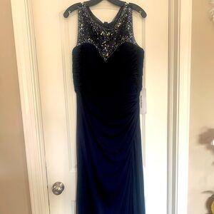 New Navy/black rushed dress, top has multicolor beading in front and back.